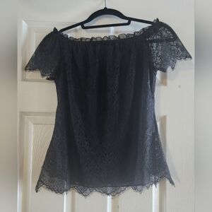 White House Black Market Black Flutter Sleeve Blouse with Ruffled Fitted Style